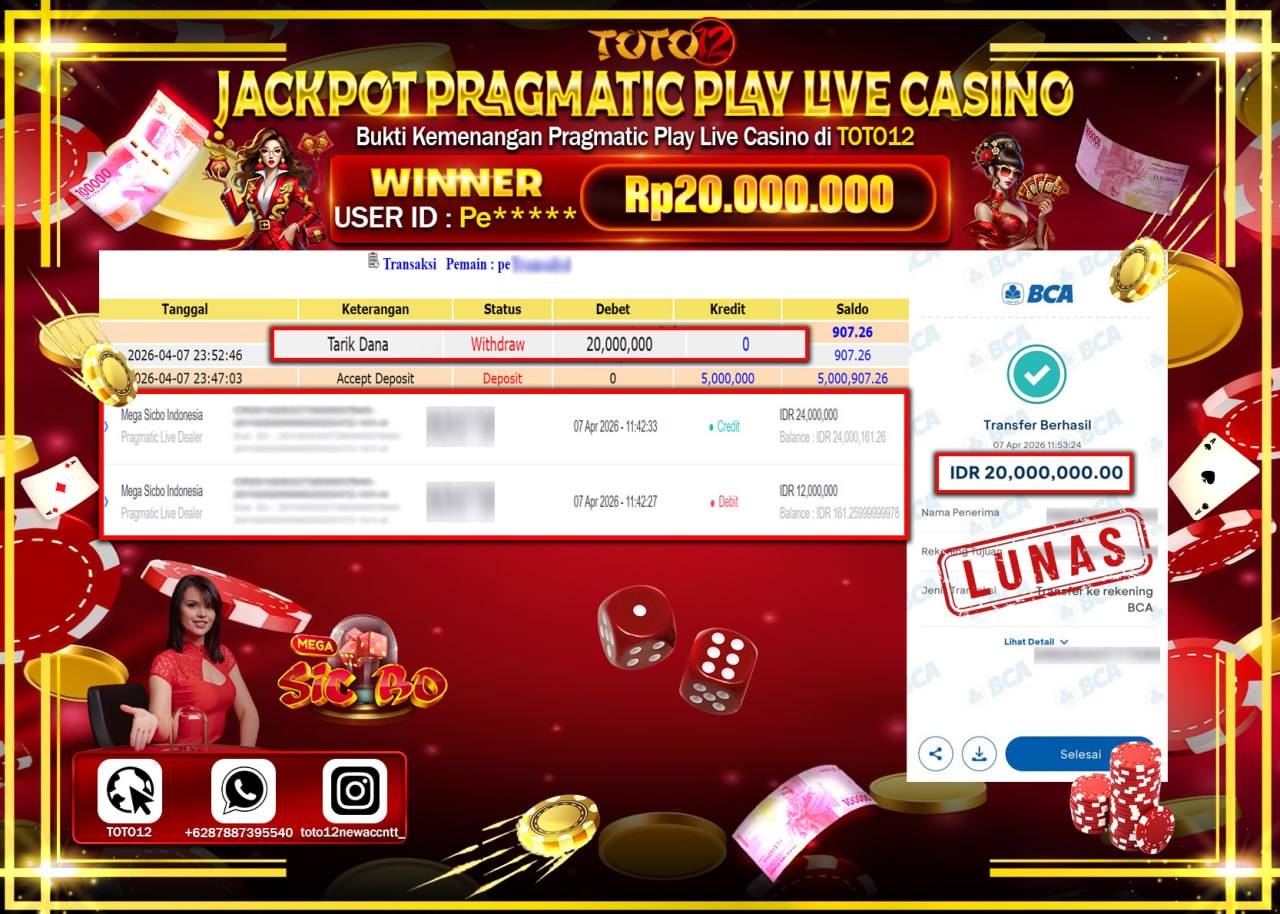 HANYA DI TOTO12 JP PASTI DI BAYAR LUNAS DAN CEPAT!!!!!! JACKPOT PRAGMATIC PLAY LIVE CASINO (MEGA SICBO) Rp.20.000.000!!!!