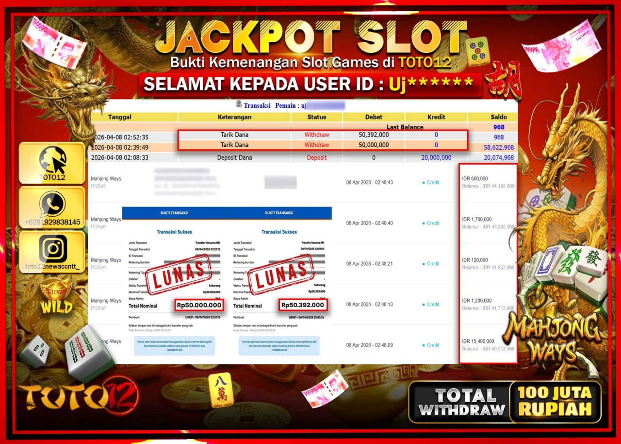 HANYA DI TOTO12 JP PASTI DI BAYAR LUNAS DAN CEPAT!!!!!! JACKPOT SLOT GAME (MAHJONG WAYS) Rp.100.392.000!!!!