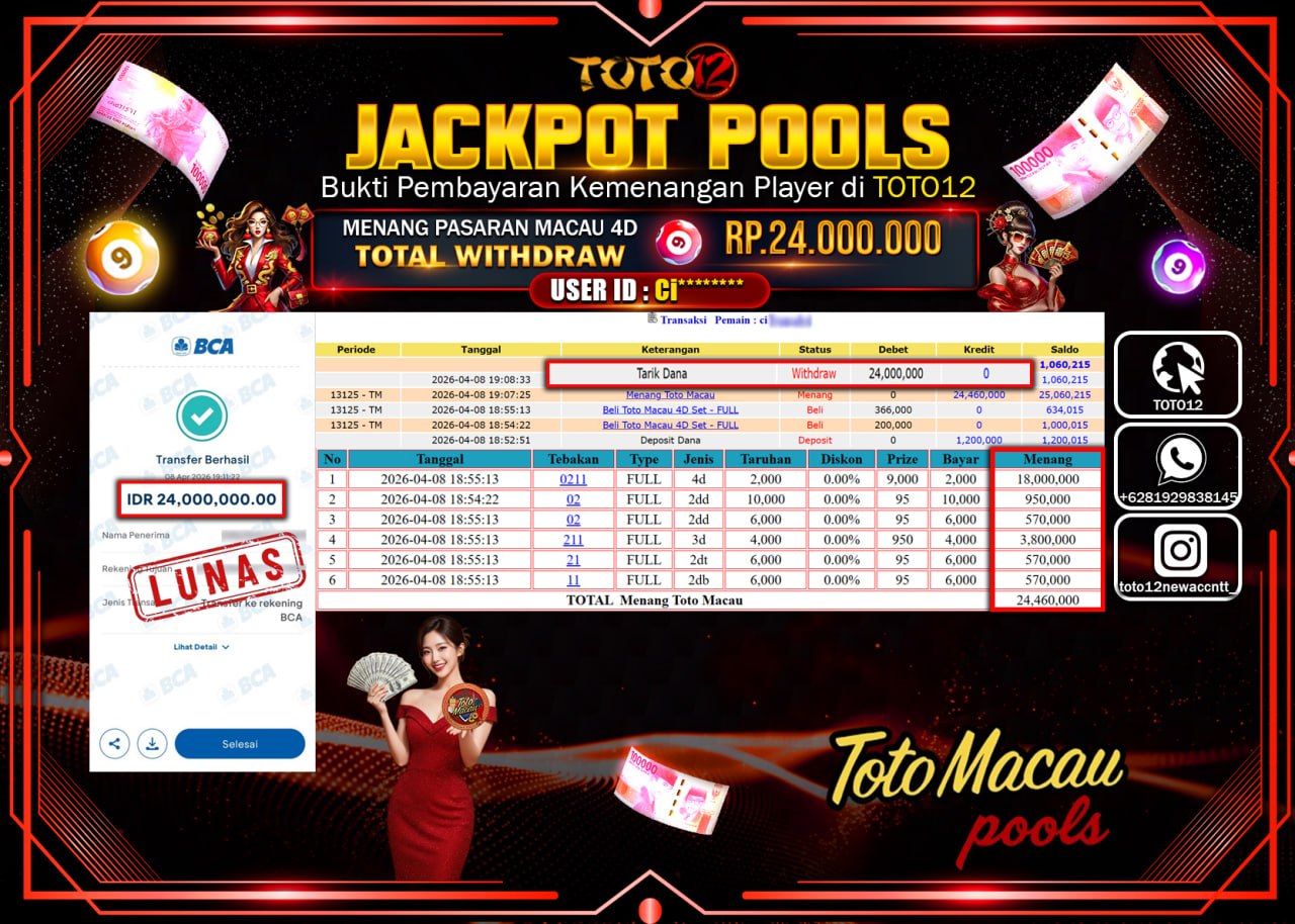 HANYA DI TOTO12 JP PASTI DI BAYAR LUNAS DAN CEPAT!!!!!! JACKPOT POOLS PASARAN(MACAU 4D) Rp.24.000.000!!!!