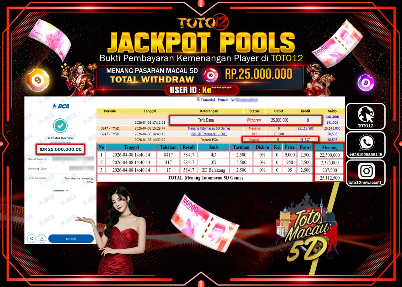 HANYA DI TOTO12 JP PASTI DI BAYAR LUNAS DAN CEPAT!!!!!! JACKPOT POOLS PASARAN (MACAU 5D) Rp.25.000.000!!!!