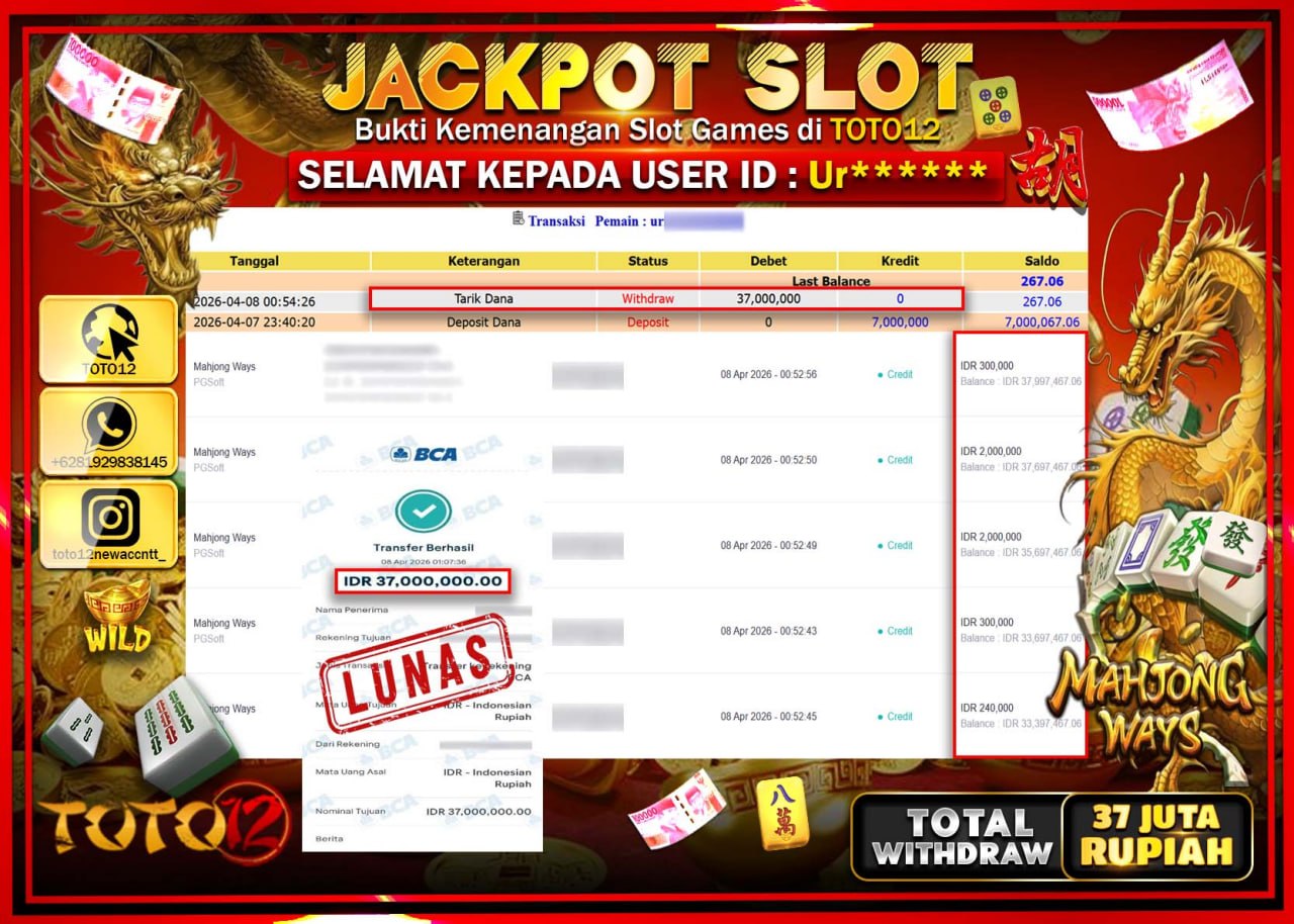 HANYA DI TOTO12 JP PASTI DI BAYAR LUNAS DAN CEPAT!!!!!! JACKPOT SLOT GAME (MAHJONG WAYS) Rp.37.000.000!!!!