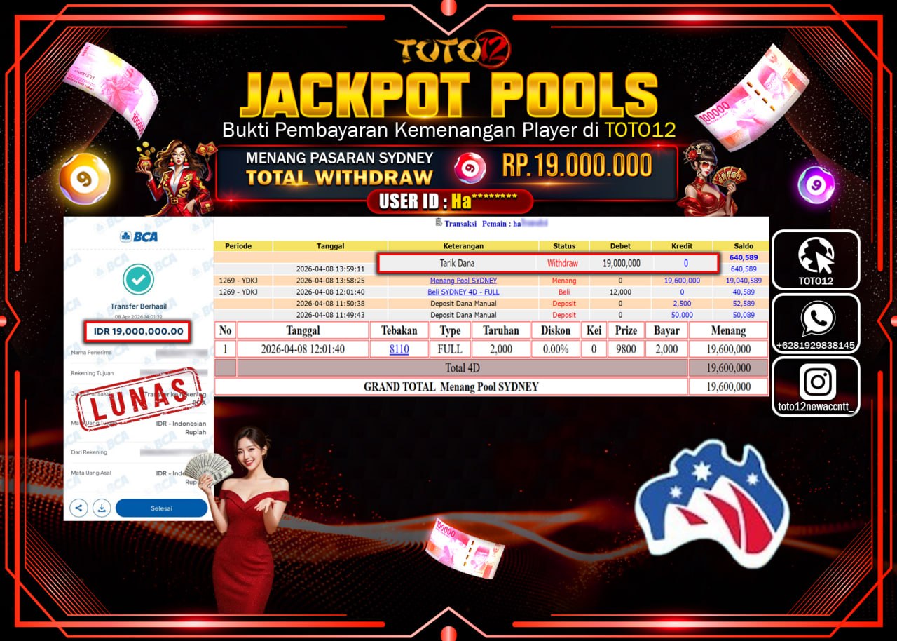 HANYA DI TOTO12 JP PASTI DI BAYAR LUNAS DAN CEPAT!!!!!! JACKPOT POOLS PASARAN( SYDNEY ) Rp.19.000.000!!!!