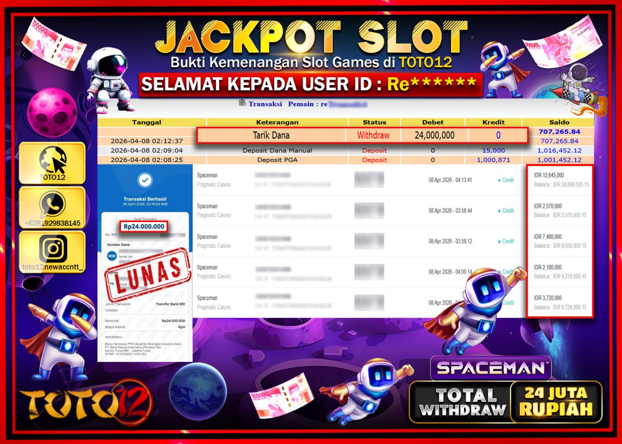 HANYA DI TOTO12 JP PASTI DI BAYAR LUNAS DAN CEPAT!!!!!! JACKPOT SLOT GAME (SPACEMAN) Rp.24.000.000!!!!