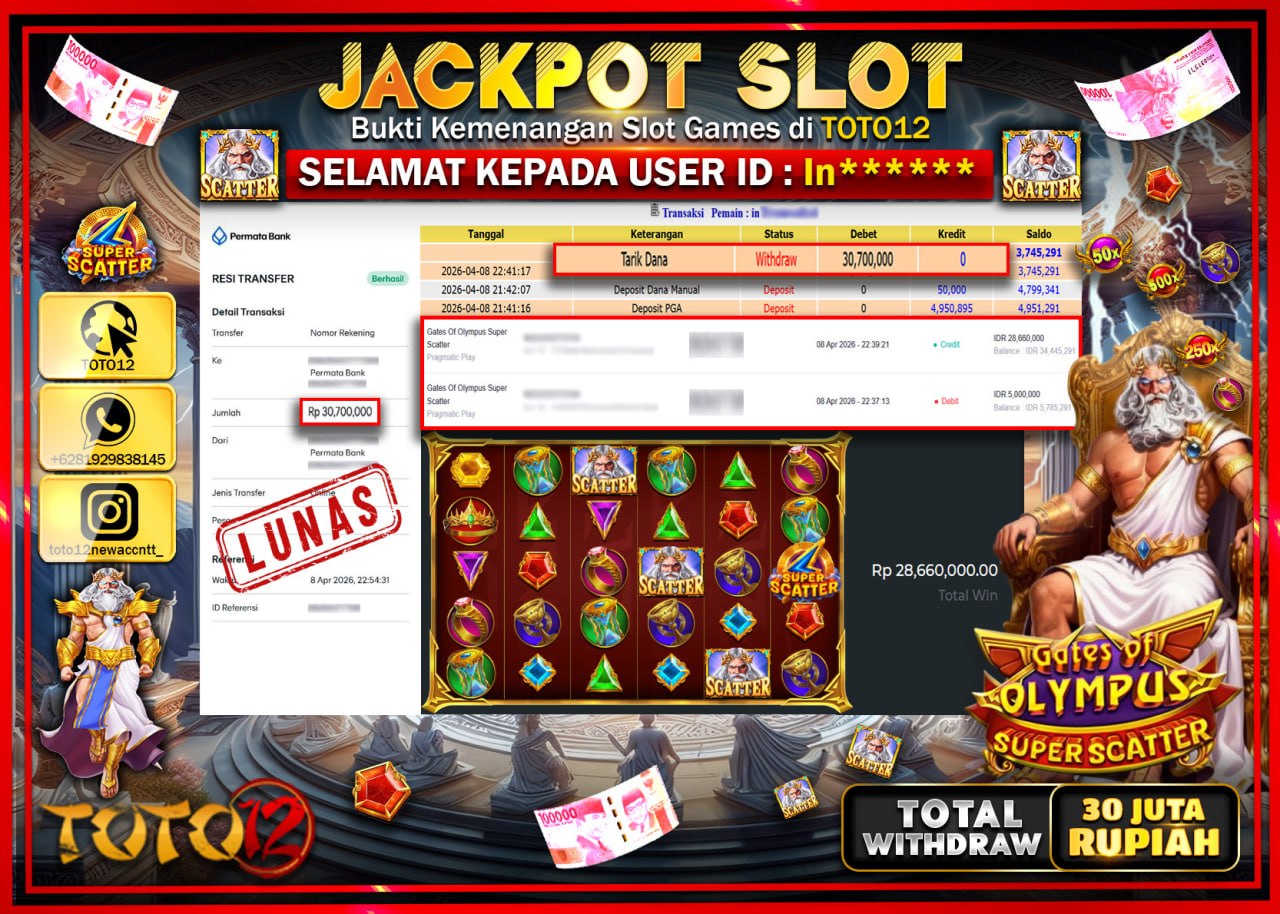 HANYA DI TOTO12 JP PASTI DI BAYAR LUNAS DAN CEPAT!!!!!! JACKPOT SLOT GAME (GATES OF OLYMPUS SUPER SCATTER) Rp.30.700.000!!!!