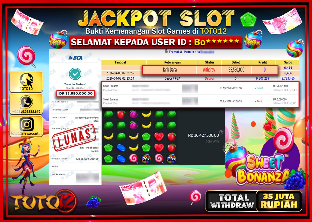 HANYA DI TOTO12 JP PASTI DI BAYAR LUNAS DAN CEPAT!!!!!! JACKPOT SLOT GAME (SWEET BONANZA) Rp.35.580.000!!!!