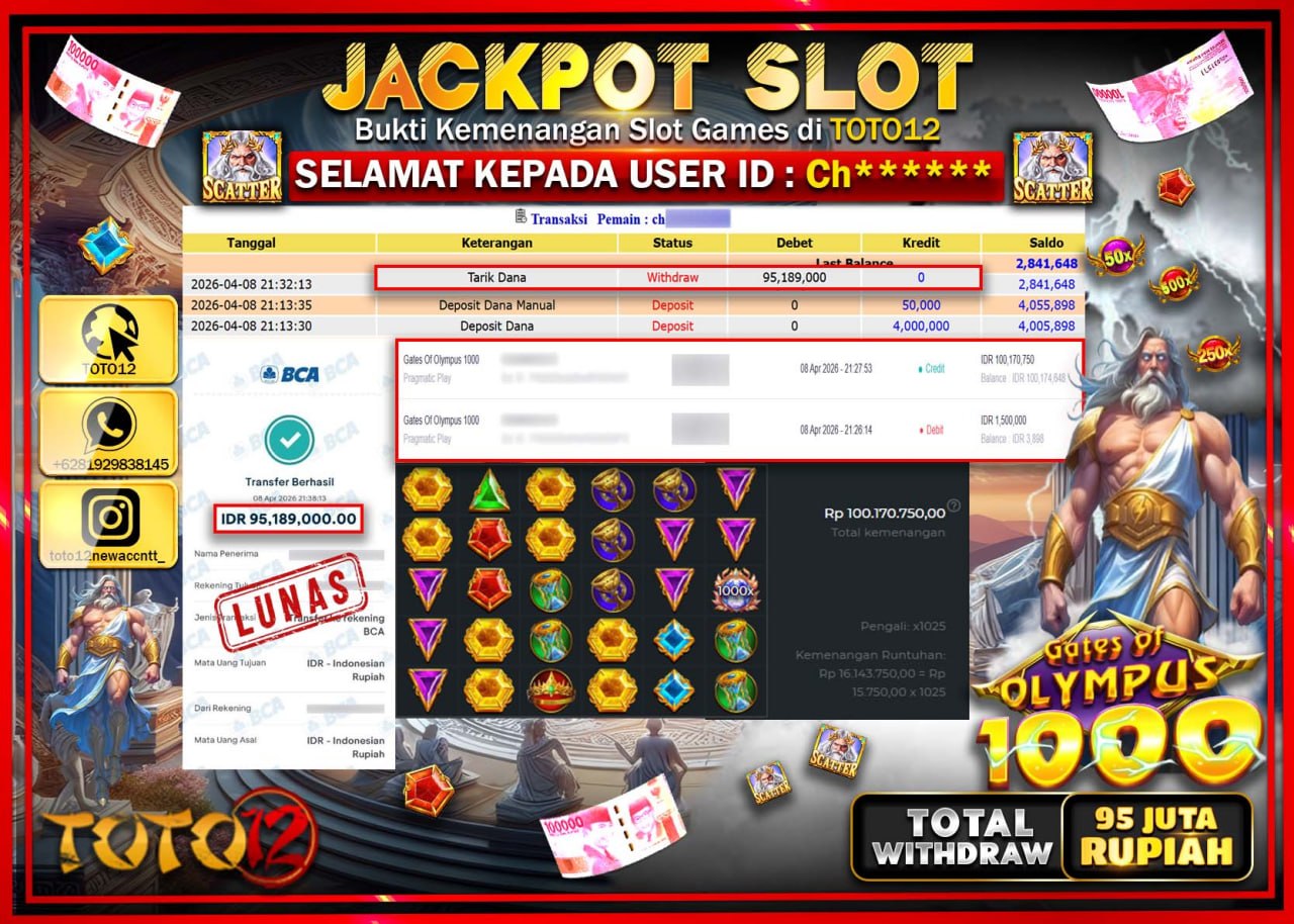 HANYA DI TOTO12 JP PASTI DI BAYAR LUNAS DAN CEPAT!!!!!! JACKPOT SLOT GAME (GATES OF OLYMPUS 1000) Rp.95.189.000!!!!