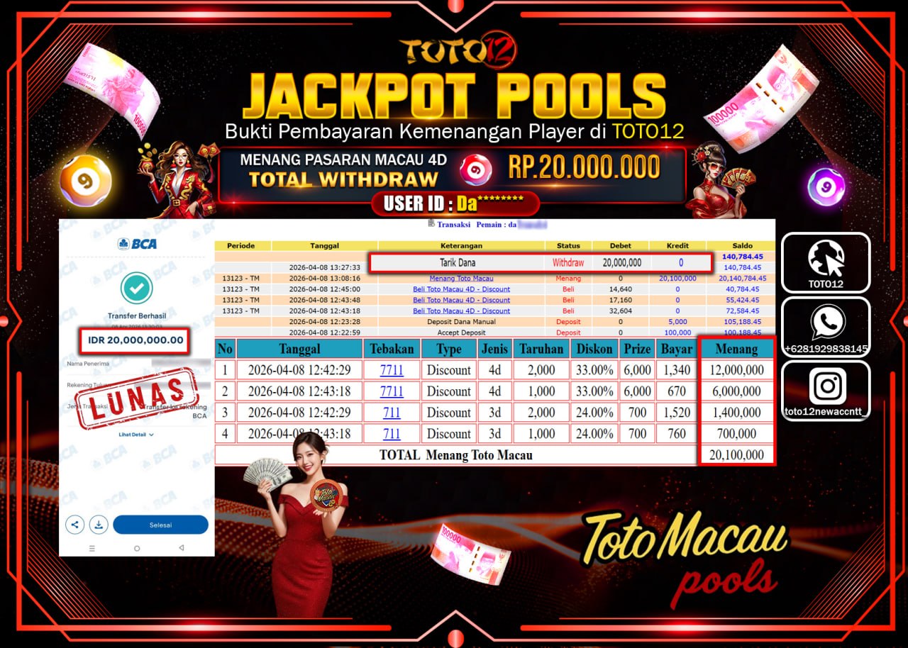 HANYA DI TOTO12 JP PASTI DI BAYAR LUNAS DAN CEPAT!!!!!! JACKPOT POOLS PASARAN(MACAU 4D) Rp.20.000.000!!!!