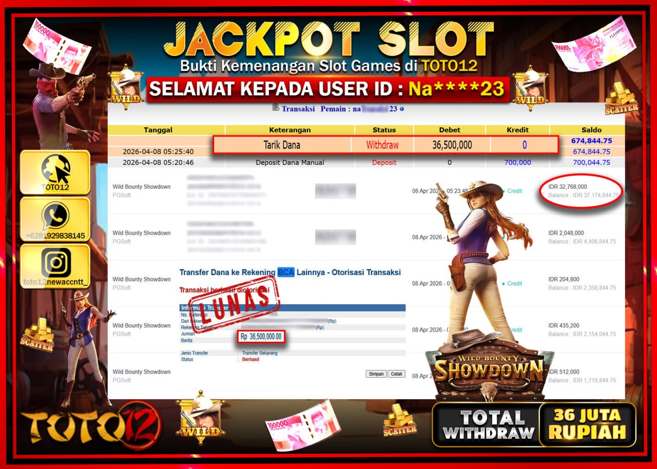 HANYA DI TOTO12 JP PASTI DI BAYAR LUNAS DAN CEPAT!!!!!! JACKPOT SLOT GAME (WILD BOUNTY SHOWDOWN) Rp.36.500.000!!!!