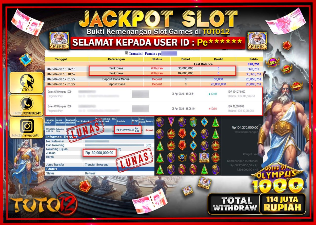 HANYA DI TOTO12 JP PASTI DI BAYAR LUNAS DAN CEPAT!!!!!! JACKPOT SLOT GAME (GATES OF OLYMPUS 1000) Rp.114.000.000!!!!