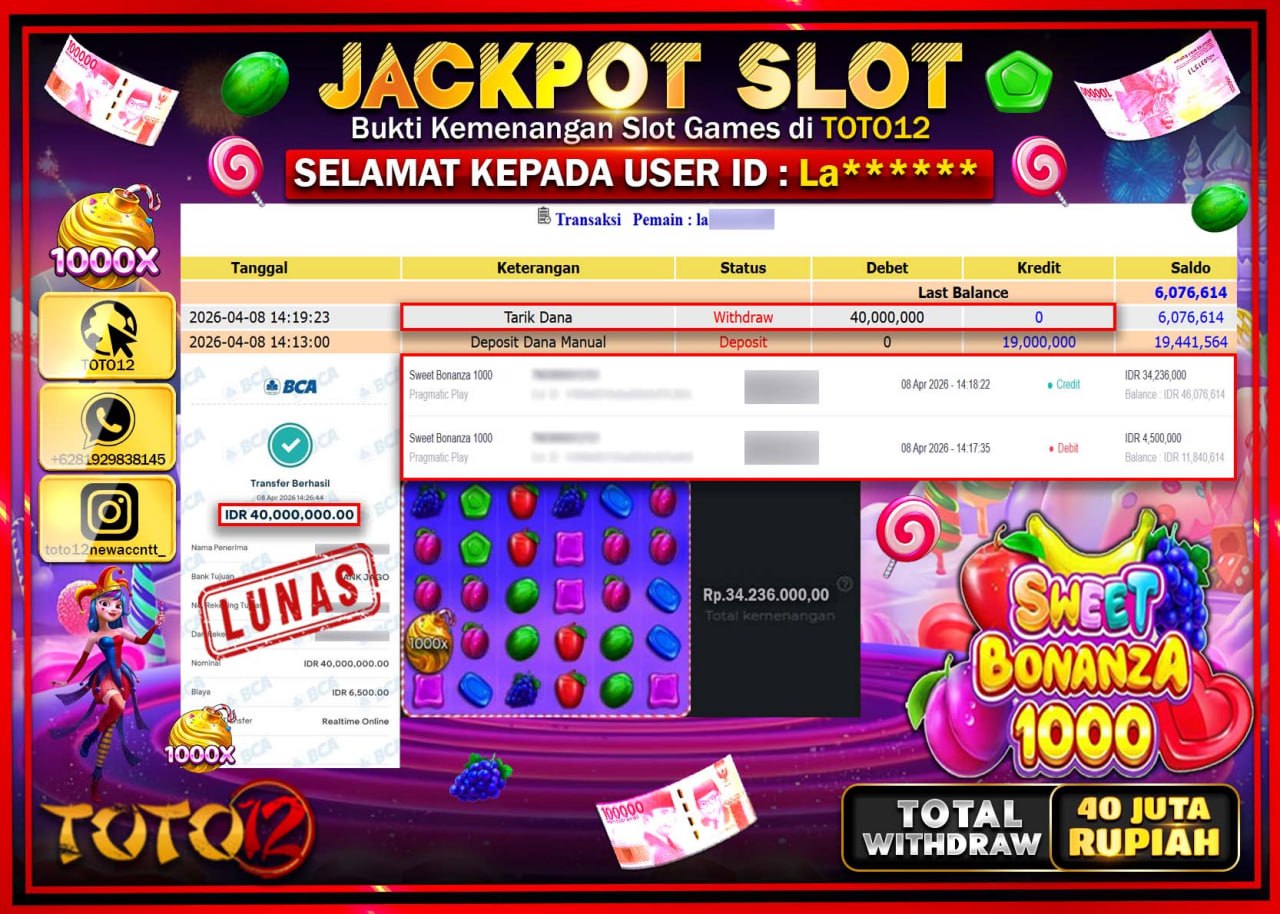 HANYA DI TOTO12 JP PASTI DI BAYAR LUNAS DAN CEPAT!!!!!! JACKPOT SLOT GAME (SWEET BONANZA 1000) Rp.40.000.000!!!!