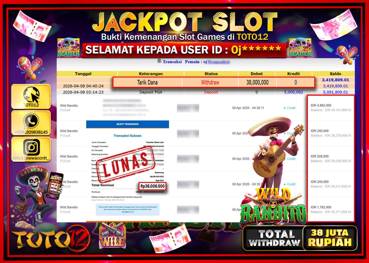 HANYA DI TOTO12 JP PASTI DI BAYAR LUNAS DAN CEPAT!!!!!! JACKPOT SLOT GAME (WILD BANDITO) Rp.38.000.000!!!!