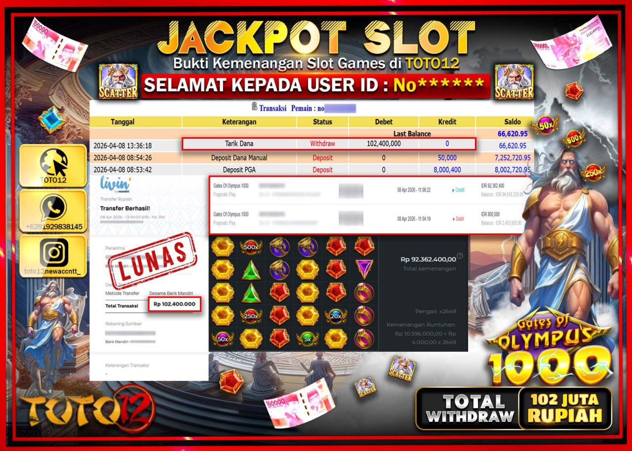 HANYA DI TOTO12 JP PASTI DI BAYAR LUNAS DAN CEPAT!!!!!! JACKPOT SLOT GAME (GATES OF OLYMPUS 1000) Rp.102.400.000!!!!