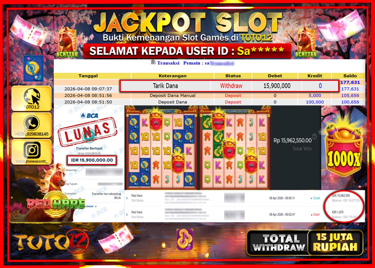HANYA DI TOTO12 JP PASTI DI BAYAR LUNAS DAN CEPAT!!!!!! JACKPOT SLOT GAME (RED HERE) Rp.15.900.000!!!!