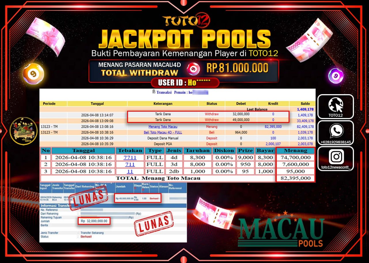HANYA DI TOTO12 JP PASTI DI BAYAR LUNAS DAN CEPAT!!!!!! JACKPOT POOLS PASARAN(MACAU 4D) Rp.81.000.000!!!!