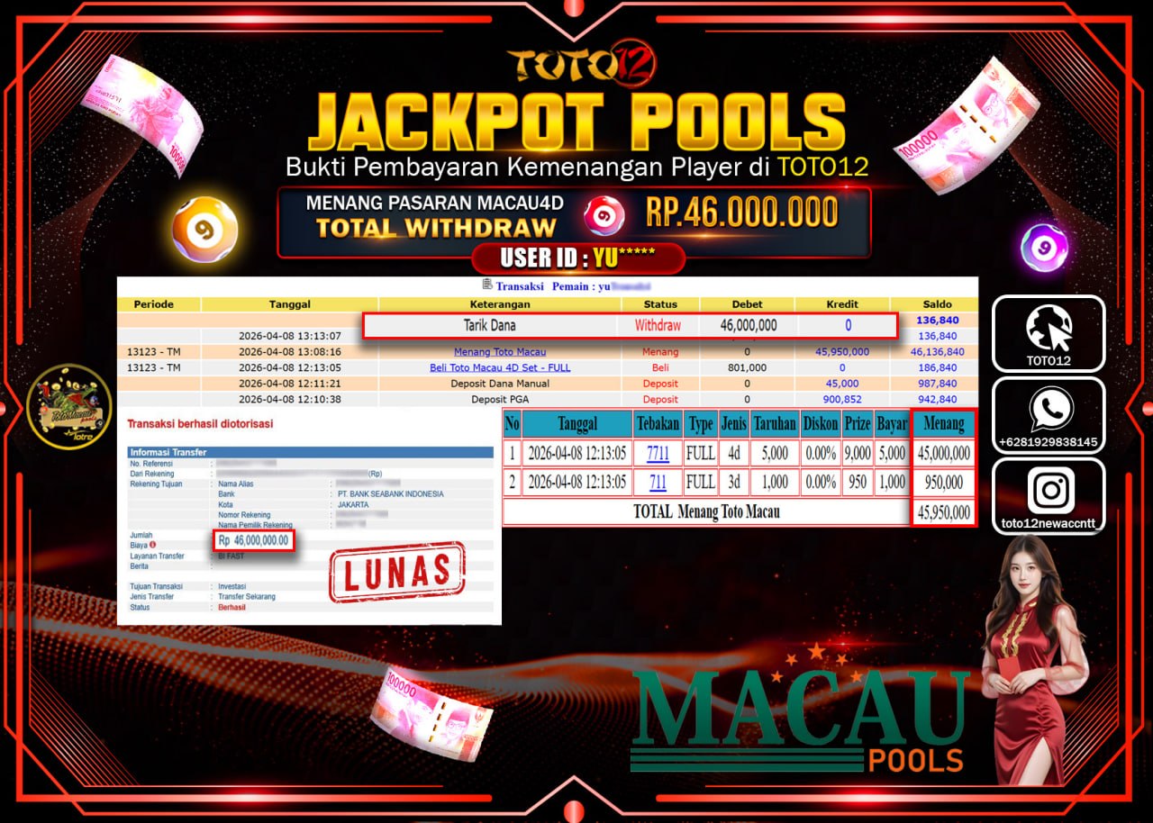 HANYA DI TOTO12 JP PASTI DI BAYAR LUNAS DAN CEPAT!!!!!! JACKPOT POOLS PASARAN(MACAU 4D) Rp.46.000.000!!!!