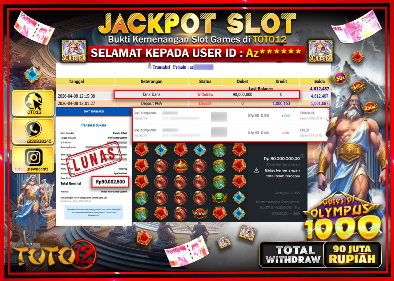 HANYA DI TOTO12 JP PASTI DI BAYAR LUNAS DAN CEPAT!!!!!! JACKPOT SLOT GAME (GATES OF OLYMPUS 1000) Rp.90.000.000!!!!