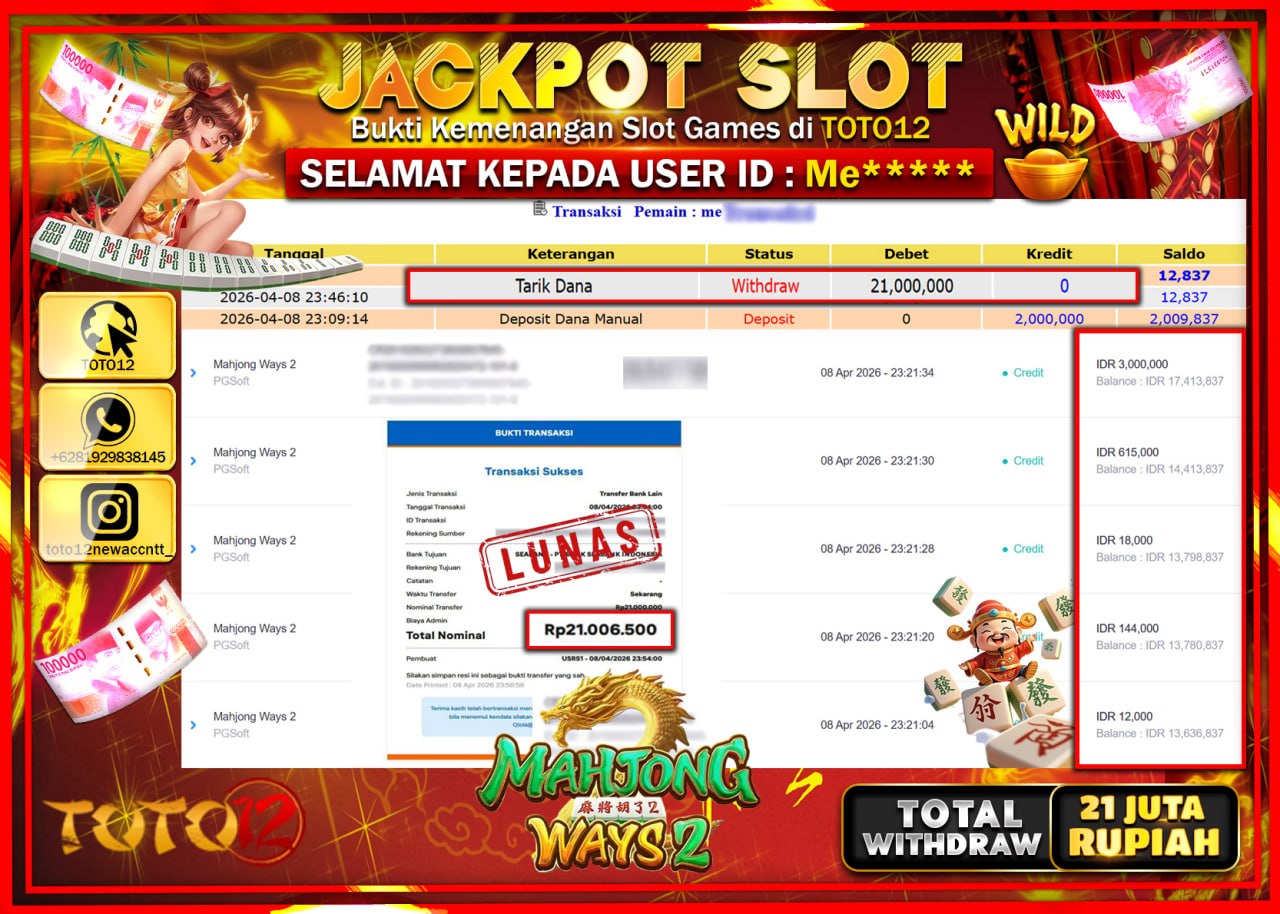 HANYA DI TOTO12 JP PASTI DI BAYAR LUNAS DAN CEPAT!!!!!! JACKPOT SLOT GAME (MAHJONG WAYS 2) Rp.21.000.000!!!!