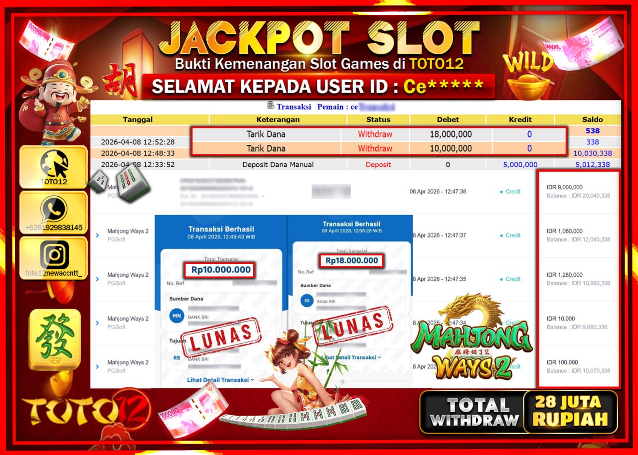 HANYA DI TOTO12 JP PASTI DI BAYAR LUNAS DAN CEPAT!!!!!! JACKPOT SLOT GAME (MAHJONG WAYS 2) Rp.28.000.000!!!!