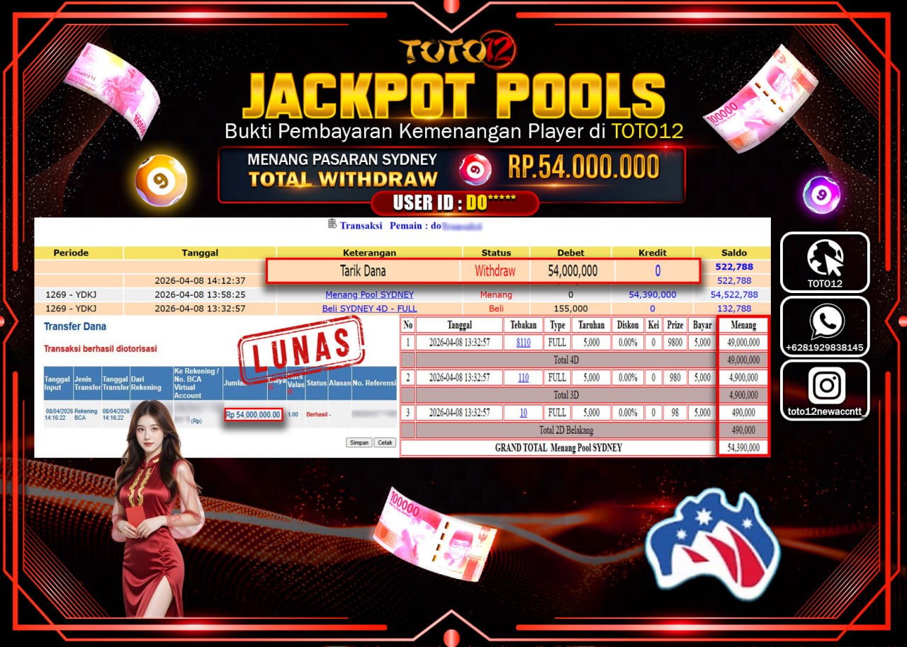 HANYA DI TOTO12 JP PASTI DI BAYAR LUNAS DAN CEPAT!!!!!! JACKPOT POOLS PASARAN( SYDNEY ) Rp.54.000.000!!!!