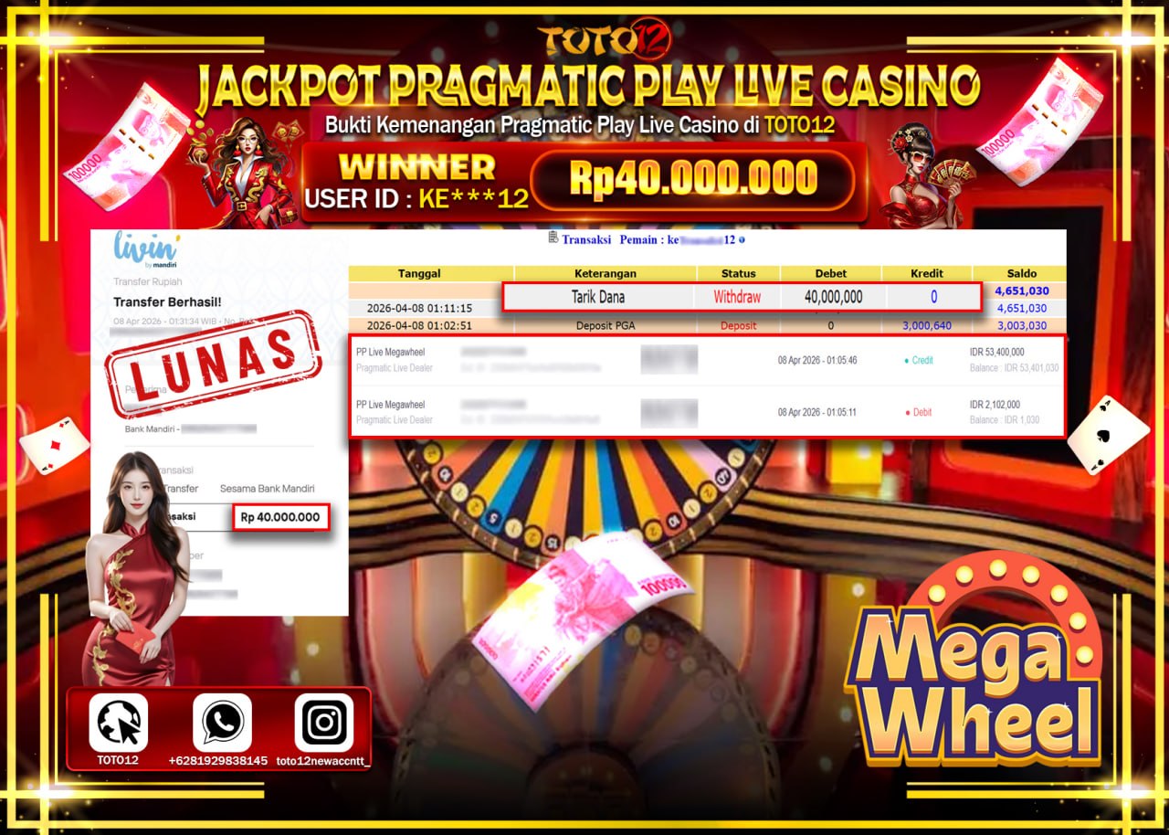 HANYA DI TOTO12 JP PASTI DI BAYAR LUNAS DAN CEPAT!!!!!! JACKPOT PRAGMATIC PLAY LIVE GAME CASINO (MEGA WHEEL) Rp.40.000.000!!!!