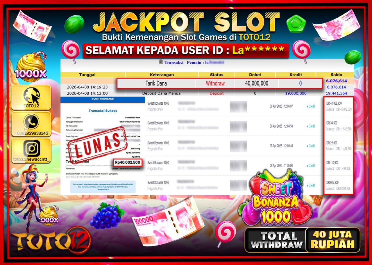 HANYA DI TOTO12 JP PASTI DI BAYAR LUNAS DAN CEPAT!!!!!! JACKPOT SLOT GAME (SWEET BONANZA 1000) Rp.40.000.000!!!!