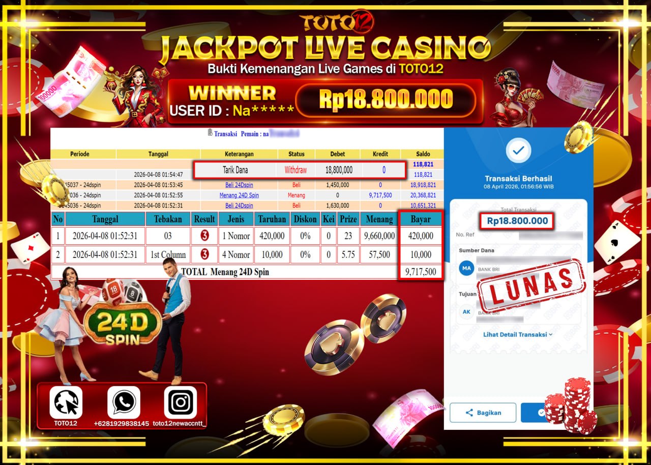 HANYA DI TOTO12 JP PASTI DI BAYAR LUNAS DAN CEPAT!!!!!! JACKPOT LIVE GAMES CASINO (24D) Rp.18.800.000!!!!