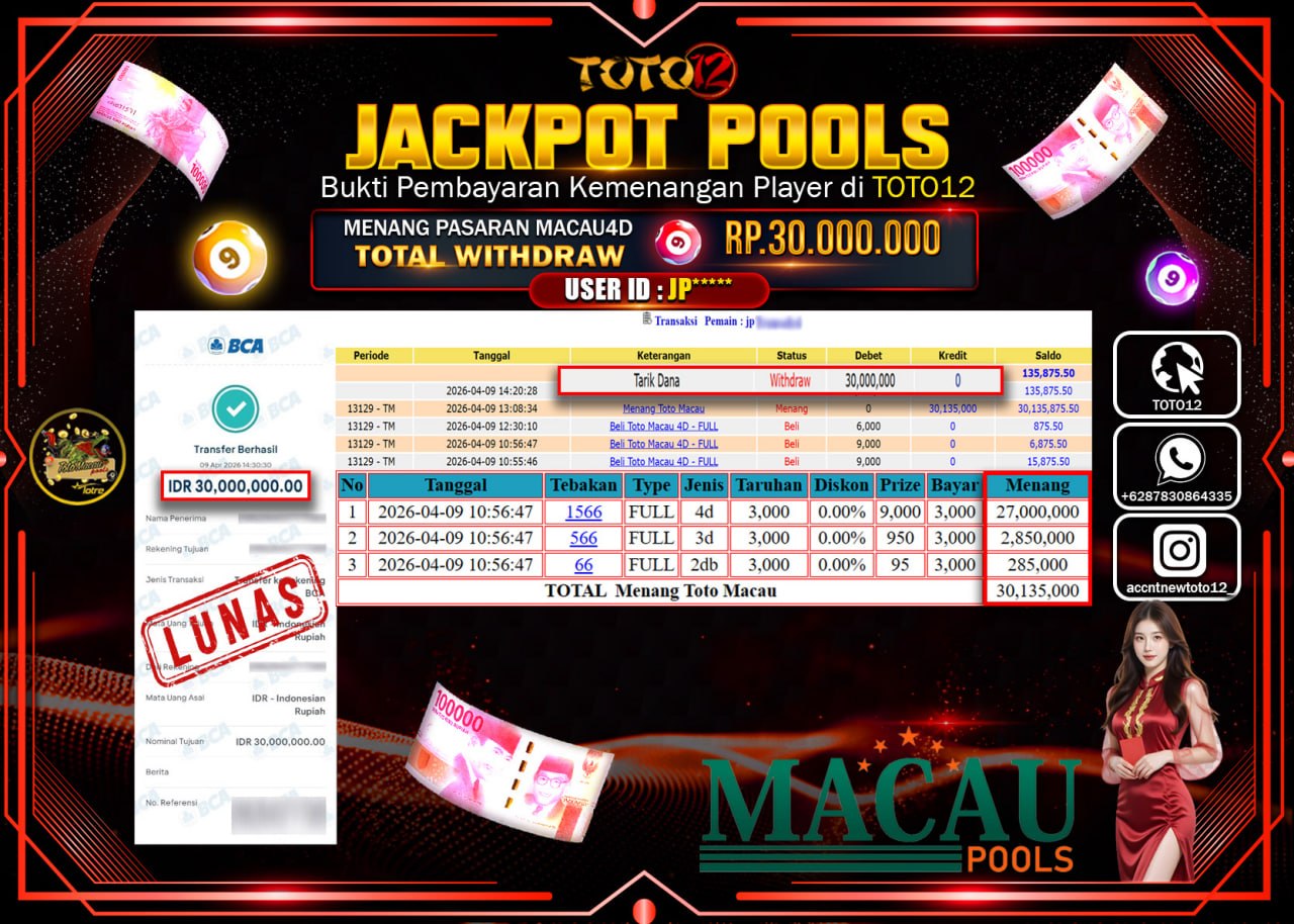 HANYA DI TOTO12 JP PASTI DI BAYAR LUNAS DAN CEPAT!!!!!! JACKPOT POOLS PASARAN(MACAU 4D) Rp.30.000.000!!!!