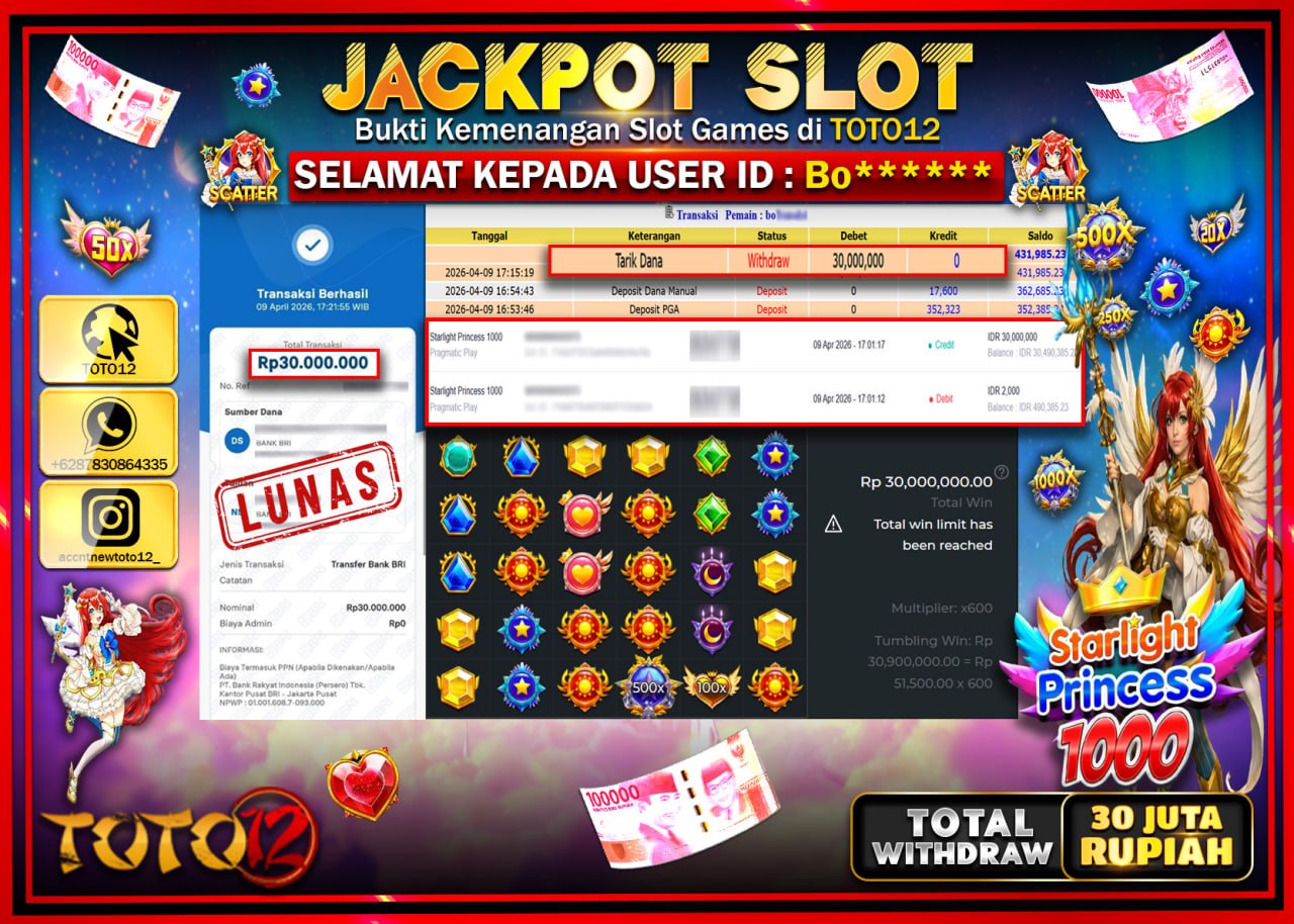 HANYA DI TOTO12 JP PASTI DI BAYAR LUNAS DAN CEPAT!!!!!! JACKPOT SLOT GAME (STARLIGHT PRINCESS 1000) Rp.30.000.000!!!!