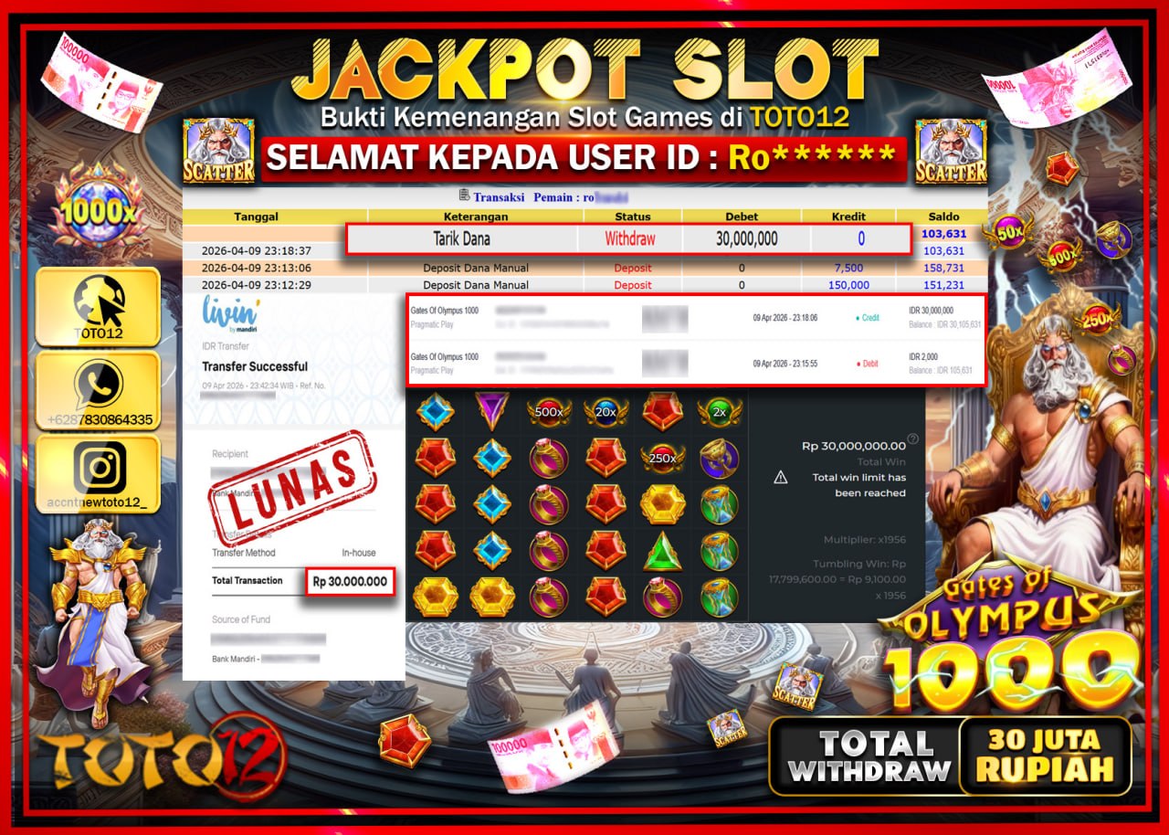 HANYA DI TOTO12 JP PASTI DI BAYAR LUNAS DAN CEPAT!!!!!! JACKPOT SLOT GAME (GATES OF OLYMPUS 1000) Rp.30.000.000!!!!