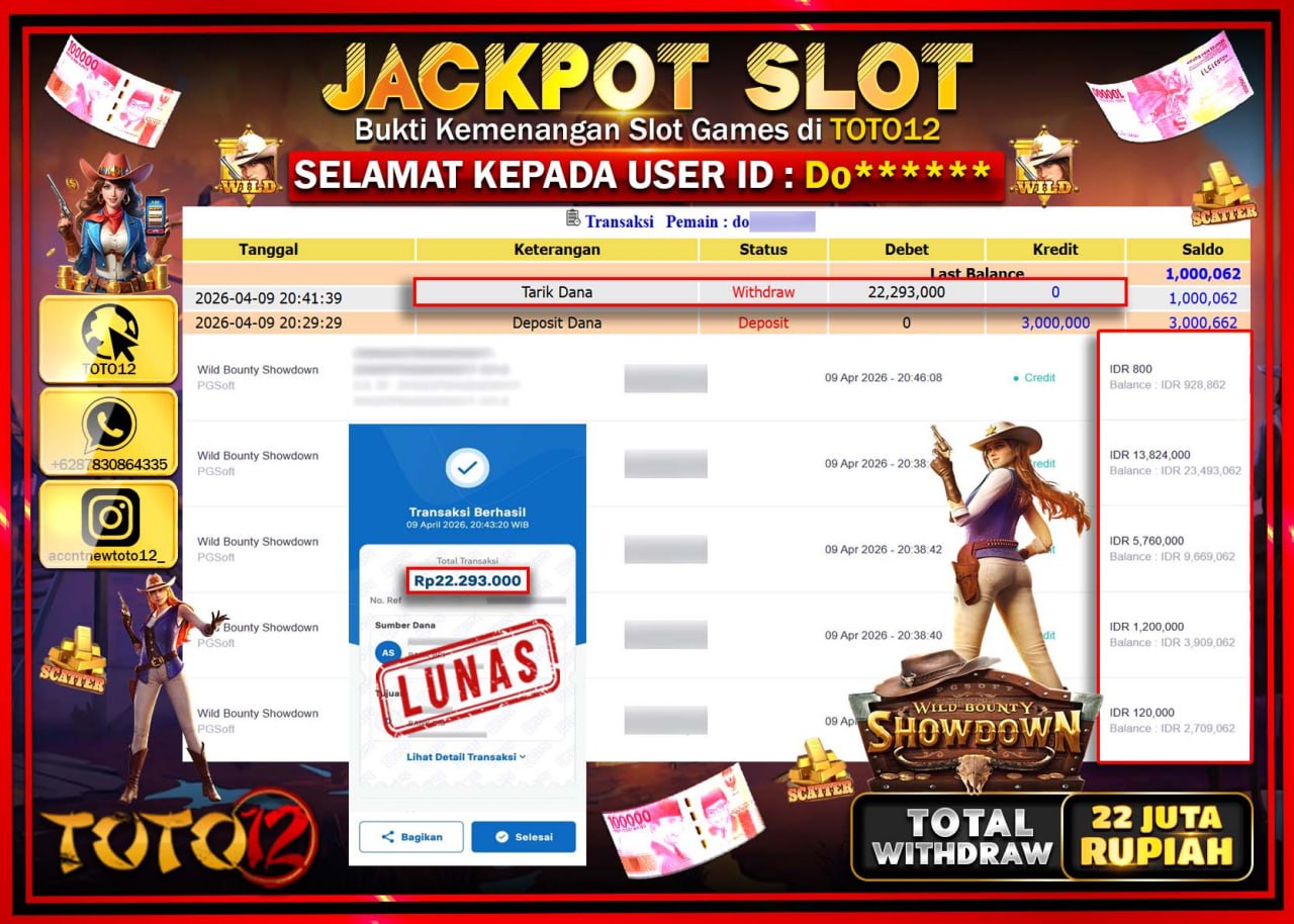 HANYA DI TOTO12 JP PASTI DI BAYAR LUNAS DAN CEPAT!!!!!! JACKPOT SLOT GAME (WILD BOUNTY SHOWDOWN) Rp.22.293.000!!!!