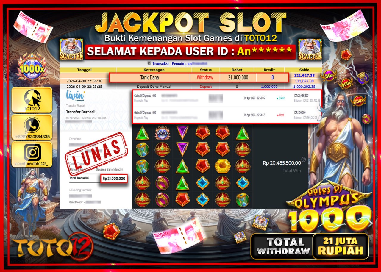 HANYA DI TOTO12 JP PASTI DI BAYAR LUNAS DAN CEPAT!!!!!! JACKPOT SLOT GAME (GATES OF OLYMPUS 1000) Rp.21.000.000!!!!