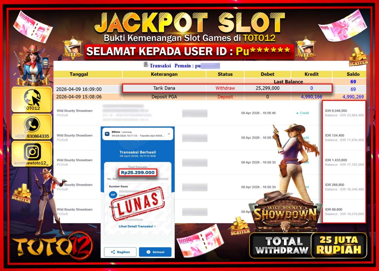 HANYA DI TOTO12 JP PASTI DI BAYAR LUNAS DAN CEPAT!!!!!! JACKPOT SLOT GAME (WILD BOUNTY SHOWDOWN) Rp.25.299.000!!!!