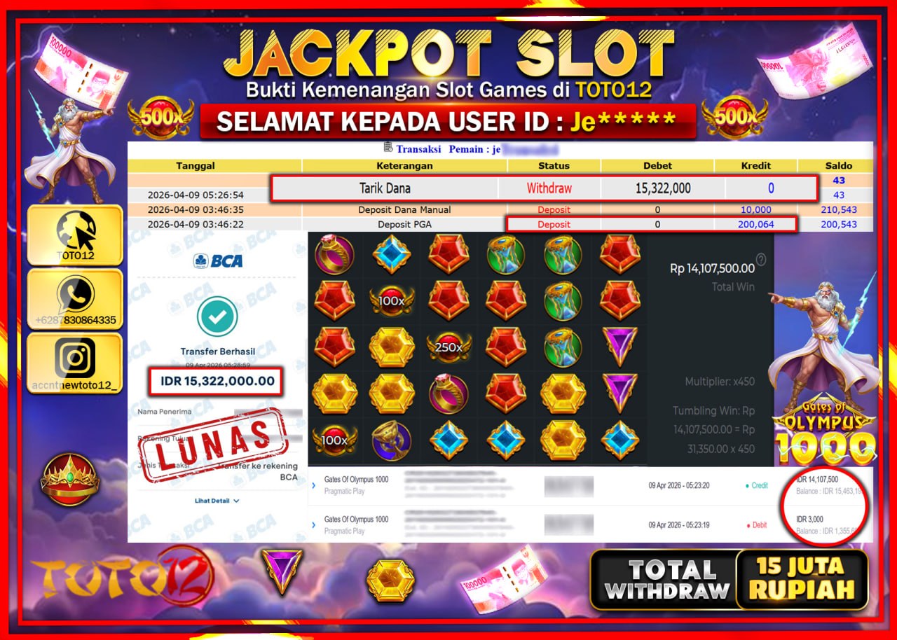 HANYA DI TOTO12 JP PASTI DI BAYAR LUNAS DAN CEPAT!!!!!! JACKPOT SLOT GAME (GATES OF OLYMPUS 1000) Rp.15.332.000!!!!