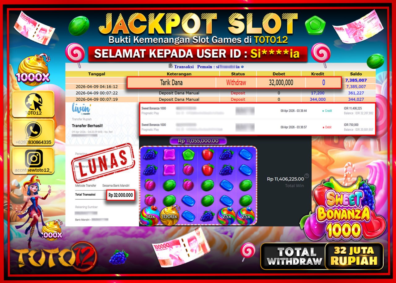 HANYA DI TOTO12 JP PASTI DI BAYAR LUNAS DAN CEPAT!!!!!! JACKPOT SLOT GAME (SWEET BONANZA 1000) Rp.32.000.000!!!!