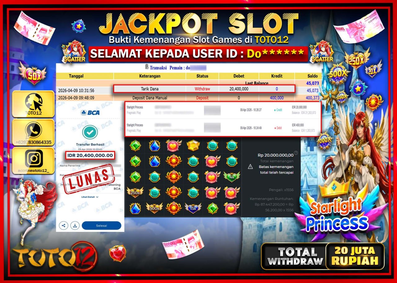HANYA DI TOTO12 JP PASTI DI BAYAR LUNAS DAN CEPAT!!!!!! JACKPOT SLOT GAME (STARLIGHT PRINCESS) Rp.20.400.000!!!!