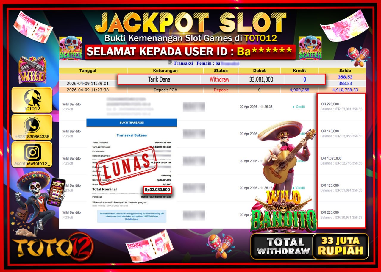 HANYA DI TOTO12 JP PASTI DI BAYAR LUNAS DAN CEPAT!!!!!! JACKPOT SLOT GAME (WILD BANDITO) Rp.33.081.000!!!!