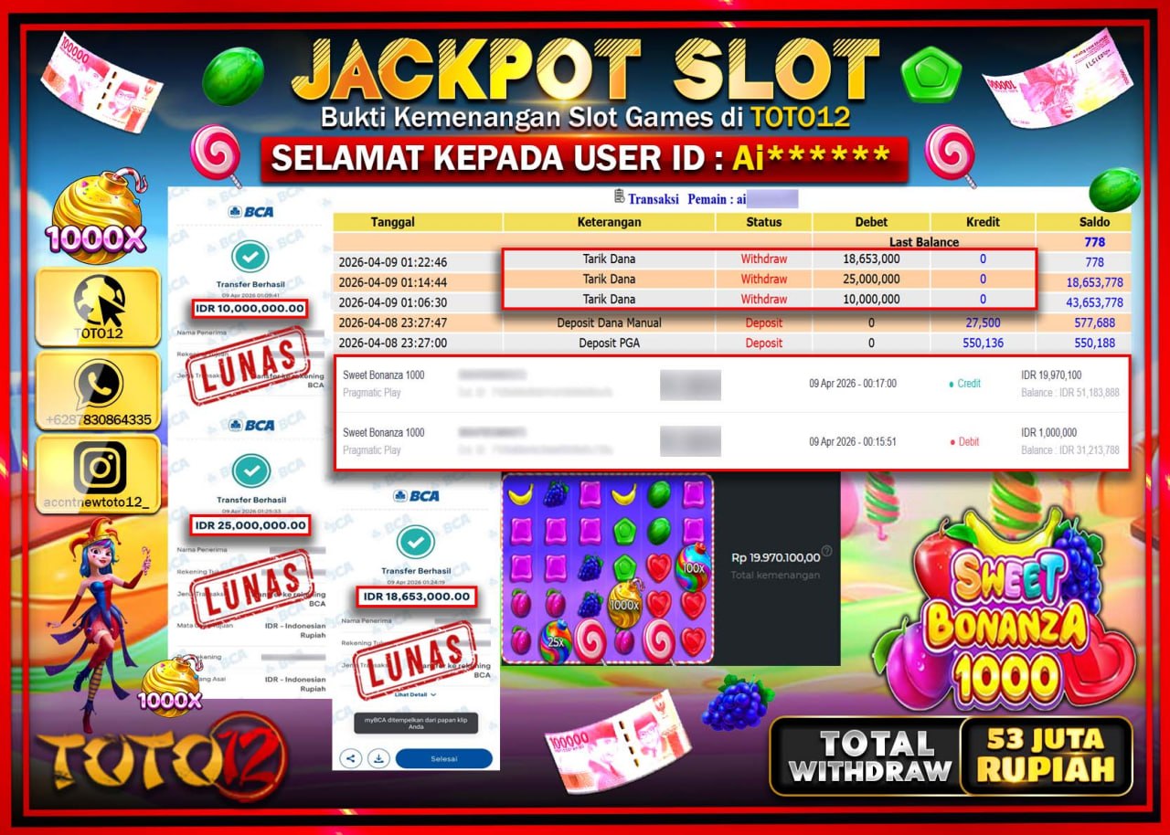 HANYA DI TOTO12 JP PASTI DI BAYAR LUNAS DAN CEPAT!!!!!! JACKPOT SLOT GAME (SWEET BONANZA 1000) Rp.53.653.000!!!!