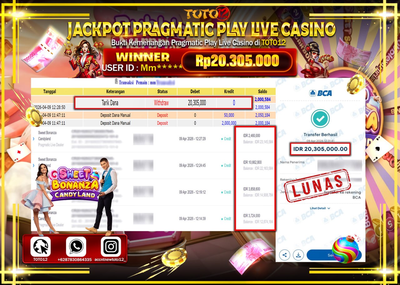 HANYA DI TOTO12 JP PASTI DI BAYAR LUNAS DAN CEPAT!!!!!! JACKPOT PRAGMATIC PLAY LIVE GAME CASINO (SWEET BONANZA CANDYLAND) Rp.20.305.000!!!!
