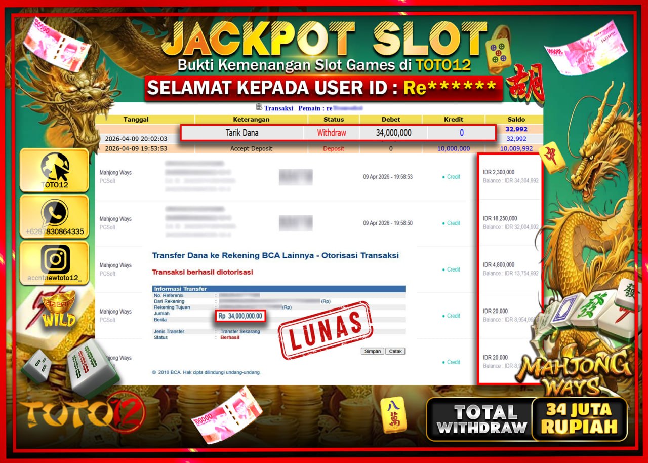 HANYA DI TOTO12 JP PASTI DI BAYAR LUNAS DAN CEPAT!!!!!! JACKPOT SLOT GAME (MAHJONG WAYS) Rp.34.000.000!!!!