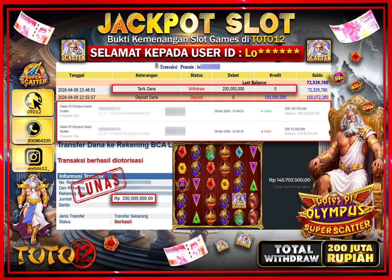 HANYA DI TOTO12 JP PASTI DI BAYAR LUNAS DAN CEPAT!!!!!! JACKPOT SLOT GAME (GATES OF OLYMPUS SUPER SCATTER) Rp.200.000.000!!!!