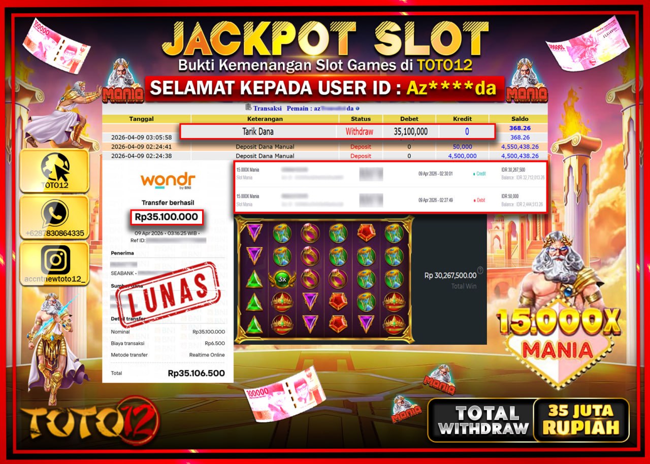 HANYA DI TOTO12 JP PASTI DI BAYAR LUNAS DAN CEPAT!!!!!! JACKPOT SLOT GAME (15.000 X MANIA) Rp.35.100.000!!!!