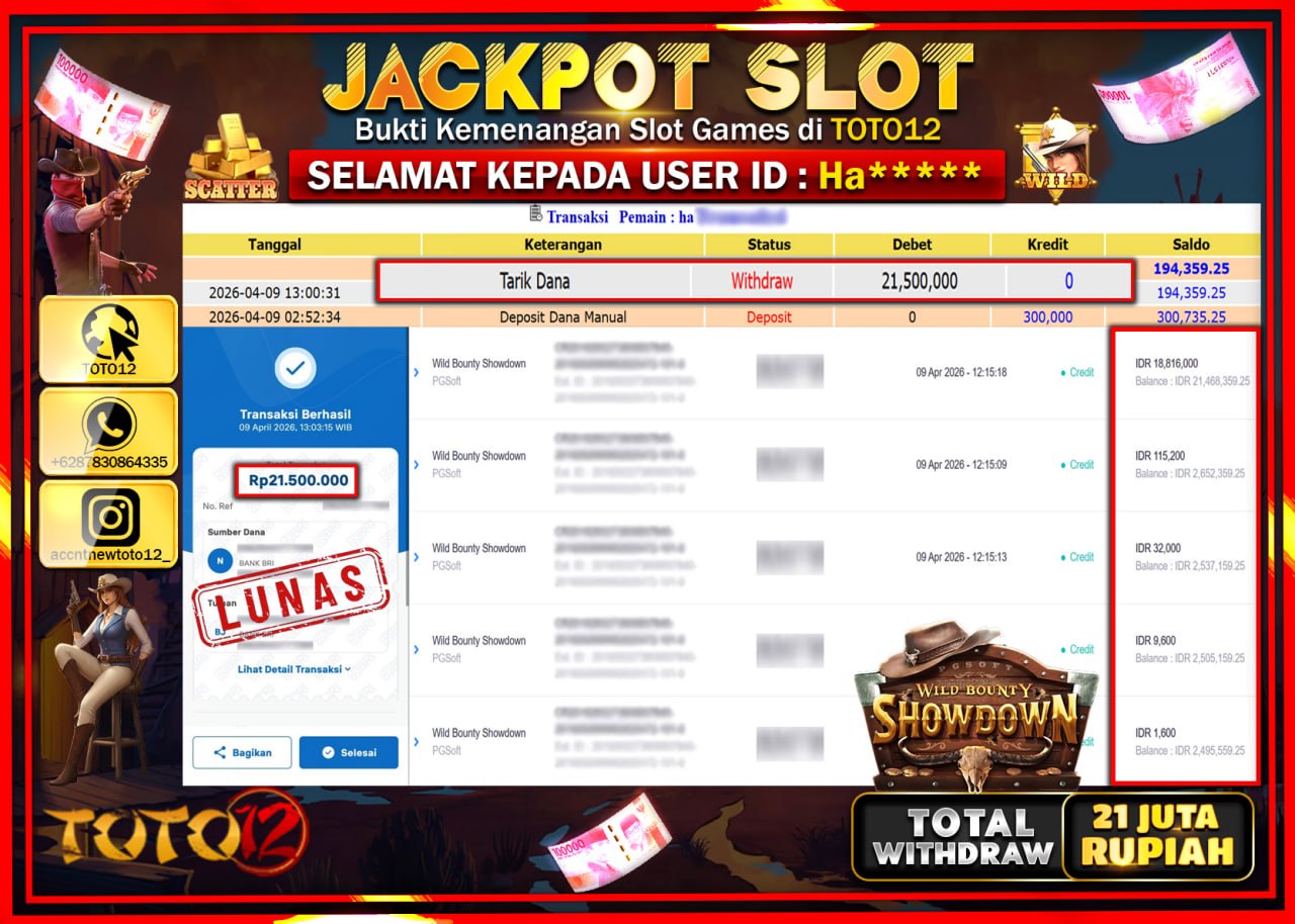 HANYA DI TOTO12 JP PASTI DI BAYAR LUNAS DAN CEPAT!!!!!! JACKPOT SLOT GAME (WILD BOUNTY SHOWDOWN) Rp.21.500.000!!!!