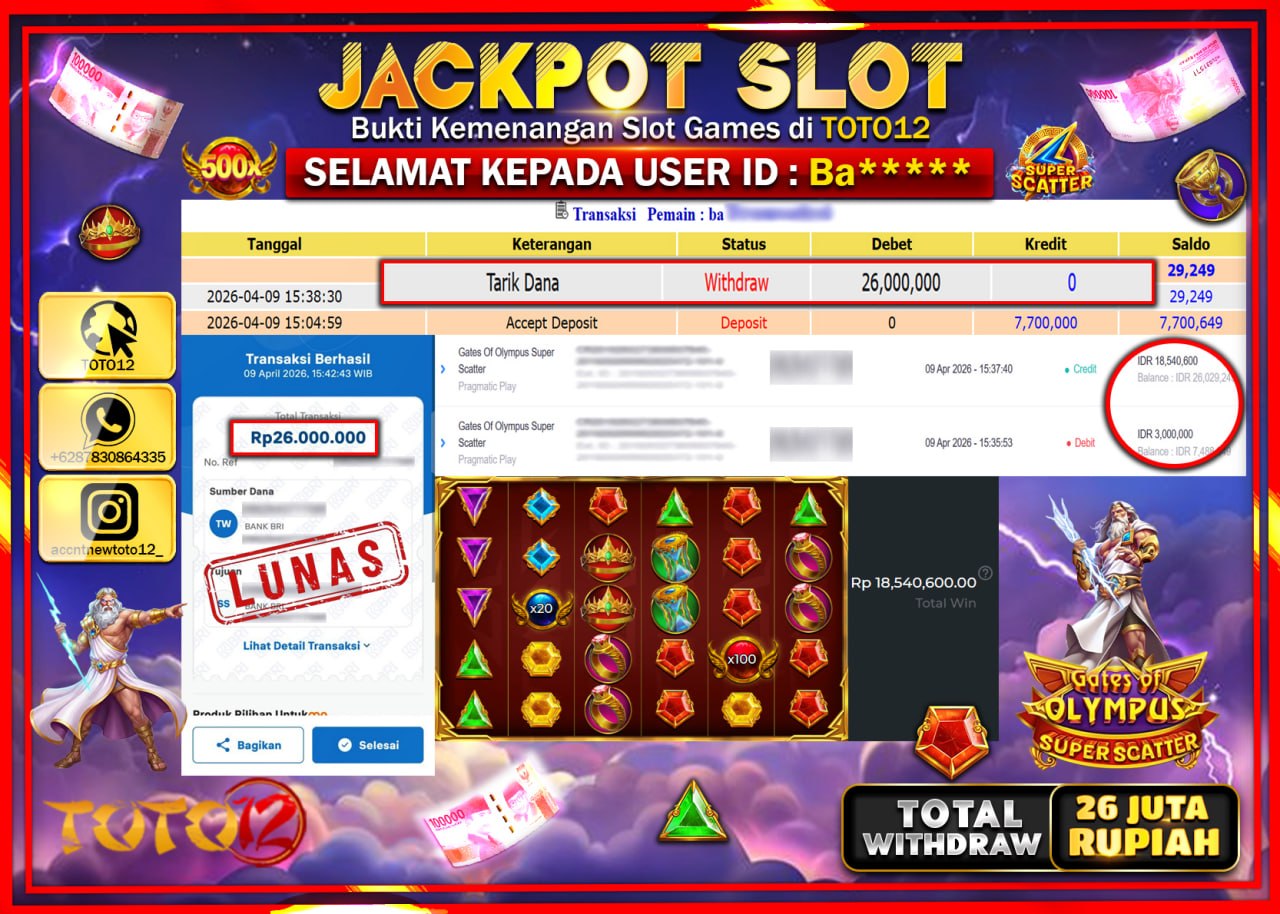 HANYA DI TOTO12 JP PASTI DI BAYAR LUNAS DAN CEPAT!!!!!! JACKPOT SLOT GAME (GATES OF OLYMPUS SUPER SCATTER) Rp.26.000.000!!!!