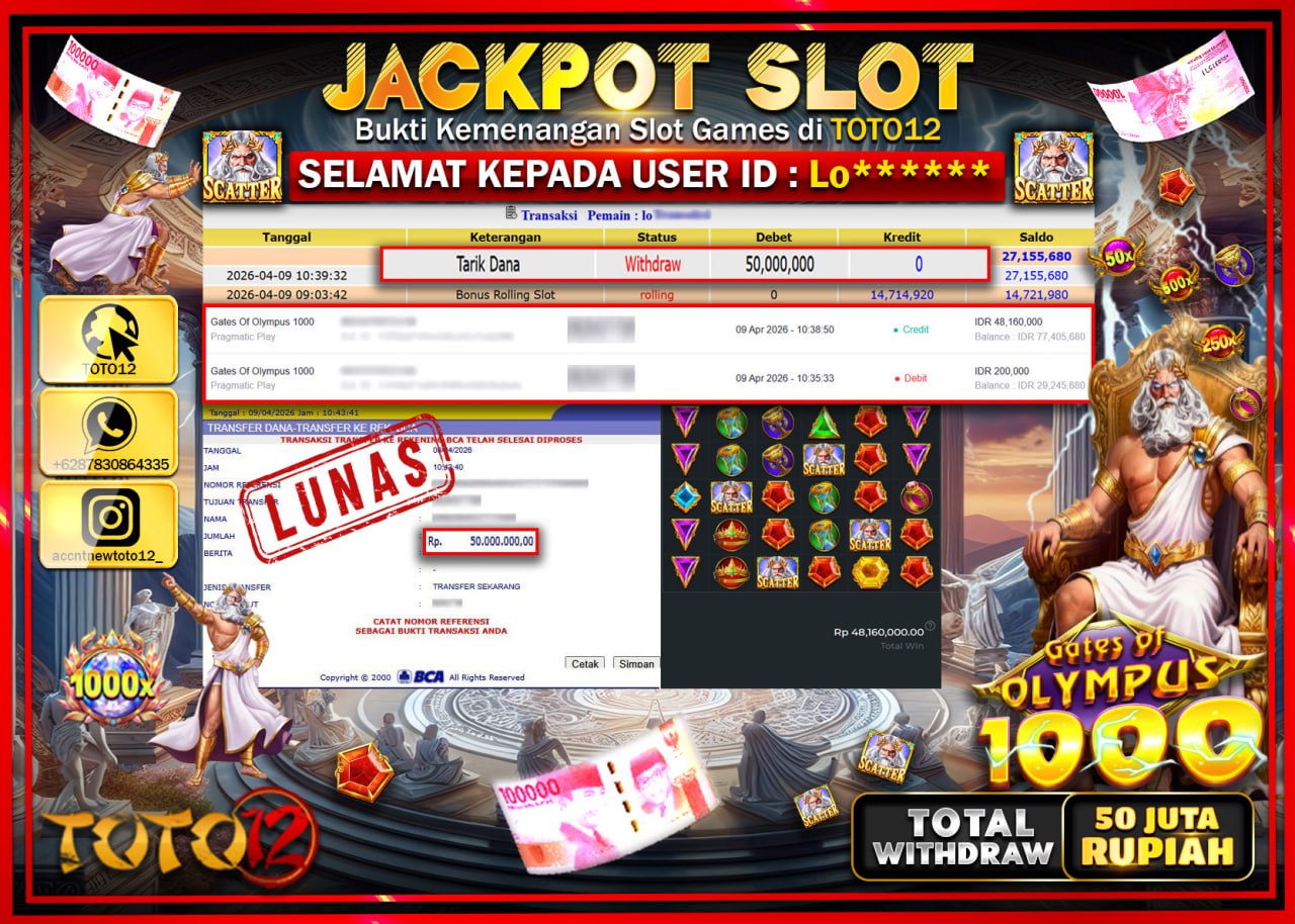 HANYA DI TOTO12 JP PASTI DI BAYAR LUNAS DAN CEPAT!!!!!! JACKPOT SLOT GAME (GATES OF OLYMPUS 1000) Rp.50.000.000!!!!