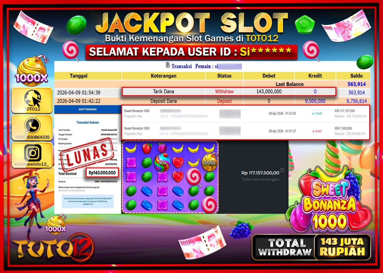HANYA DI TOTO12 JP PASTI DI BAYAR LUNAS DAN CEPAT!!!!!! JACKPOT SLOT GAME (SWEET BONANZA 1000) Rp.143.000.000!!!!