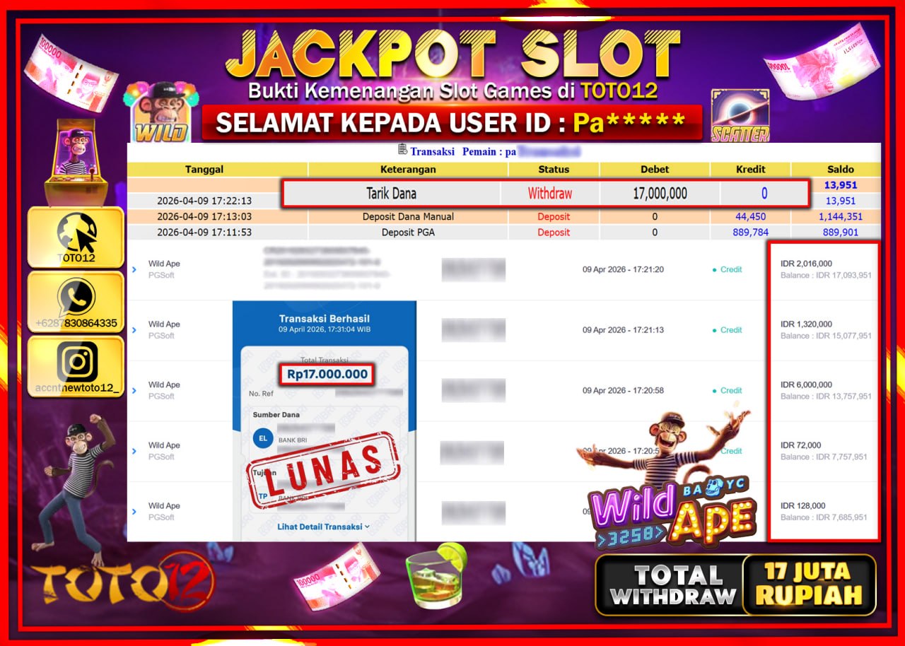 HANYA DI TOTO12 JP PASTI DI BAYAR LUNAS DAN CEPAT!!!!!! JACKPOT SLOT GAME (WILD APE) Rp.17.000.000!!!!