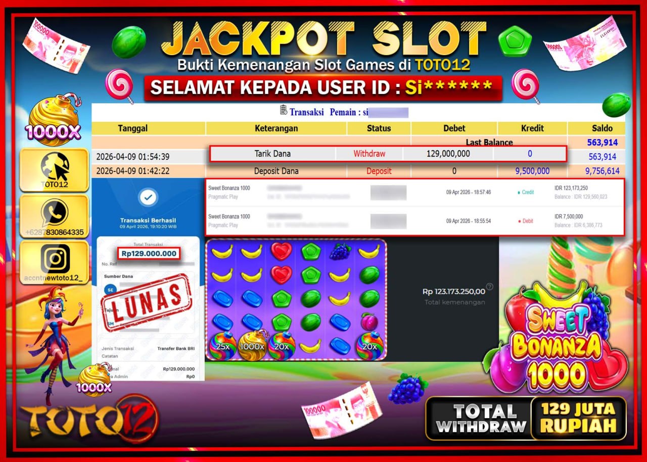 HANYA DI TOTO12 JP PASTI DI BAYAR LUNAS DAN CEPAT!!!!!! JACKPOT SLOT GAME (SWEET BONANZA 1000) Rp.129.000.000!!!!