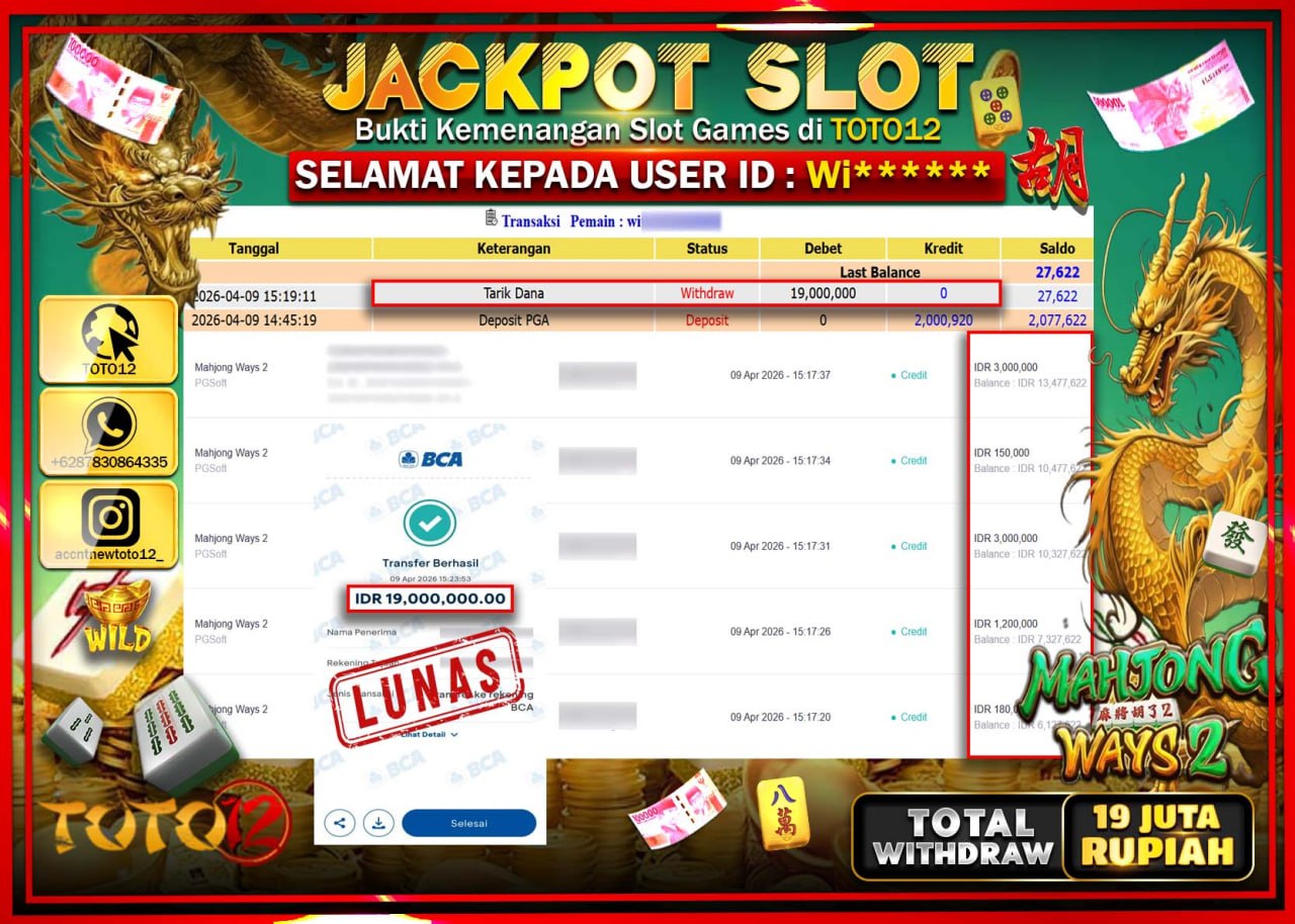 HANYA DI TOTO12 JP PASTI DI BAYAR LUNAS DAN CEPAT!!!!!! JACKPOT SLOT GAME (MAHJONG WAYS 2) Rp.19.000.000!!!!