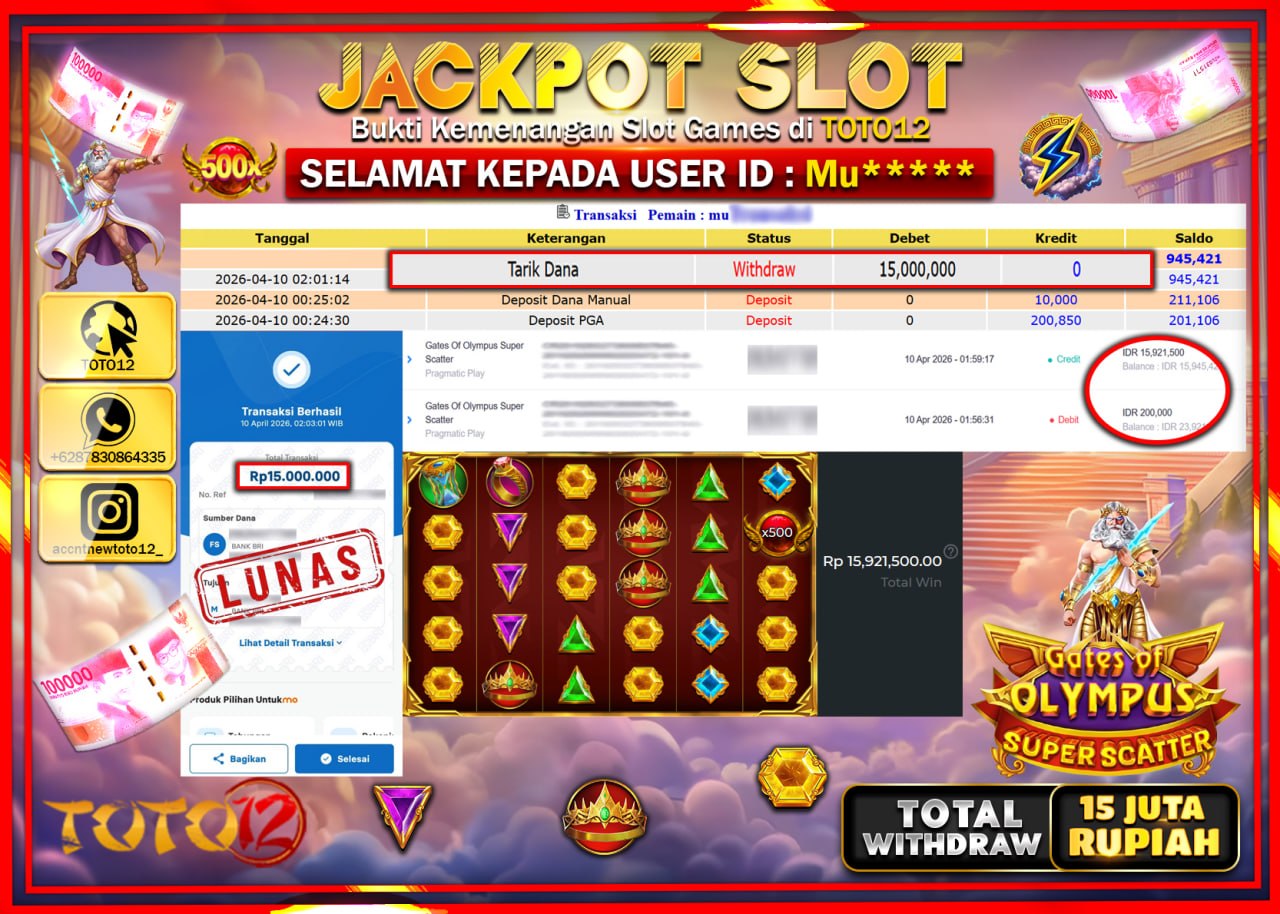 HANYA DI TOTO12 JP PASTI DI BAYAR LUNAS DAN CEPAT!!!!!! JACKPOT SLOT GAME (GATES OF OLYMPUS SUPER SCATTER) Rp.15.000.000!!!!