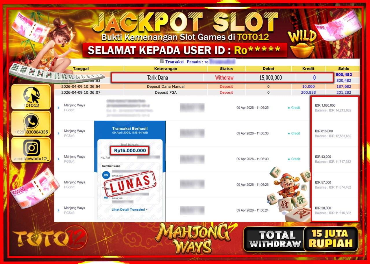 HANYA DI TOTO12 JP PASTI DI BAYAR LUNAS DAN CEPAT!!!!!! JACKPOT SLOT GAME (MAHJONG WAYS) Rp.15.000.000!!!!